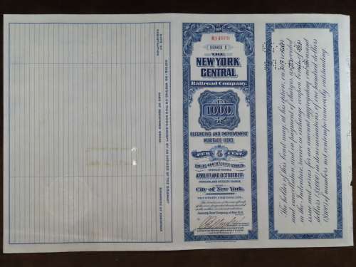 1921 New York Central Railroad Company, $1000 Bond Certificate M14609