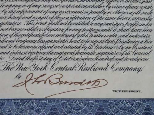 1921 New York Central Railroad Company, $1000 Bond Certificate M14609