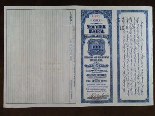 1921 New York Central Railroad Company, $1000 Bond Certificate M14608
