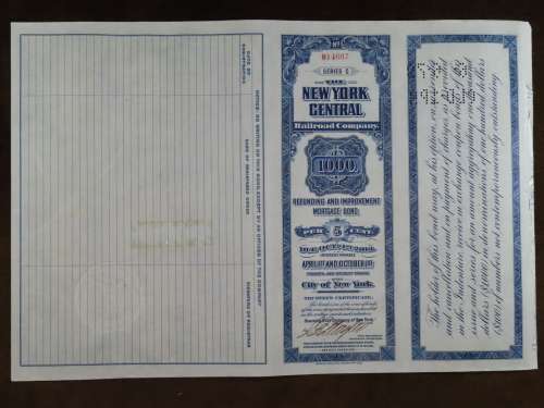 1921 New York Central Railroad Company, $1000 Bond Certificate M14607