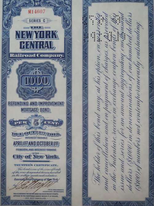1921 New York Central Railroad Company, $1000 Bond Certificate M14607