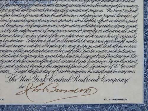 1921 New York Central Railroad Company, $1000 Bond Certificate M14607