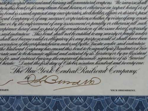 1921 New York Central Railroad Company, $1000 Bond Certificate M15444