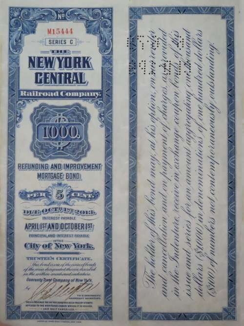 1921 New York Central Railroad Company, $1000 Bond Certificate M15444