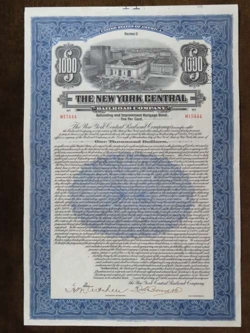 1921 New York Central Railroad Company, $1000 Bond Certificate M15444
