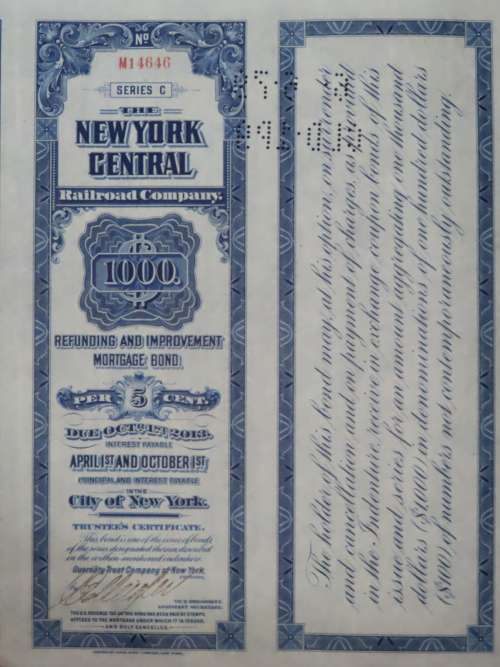 1921 New York Central Railroad Company, $1000 Bond Certificate M14646