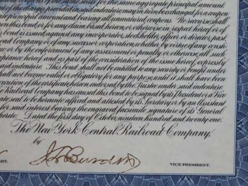 1921 New York Central Railroad Company, $1000 Bond Certificate M14645