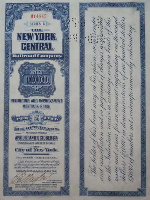 1921 New York Central Railroad Company, $1000 Bond Certificate M14645
