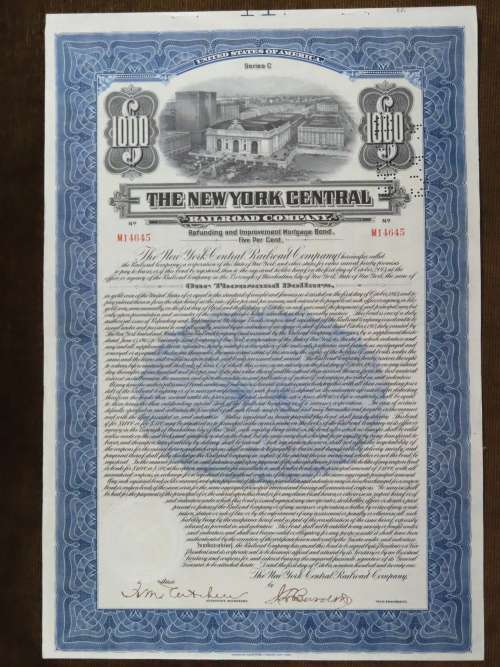 1921 New York Central Railroad Company, $1000 Bond Certificate M14645