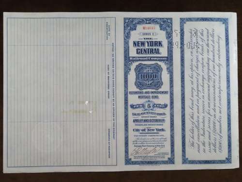 1921 New York Central Railroad Company, $1000 Bond Certificate M14645