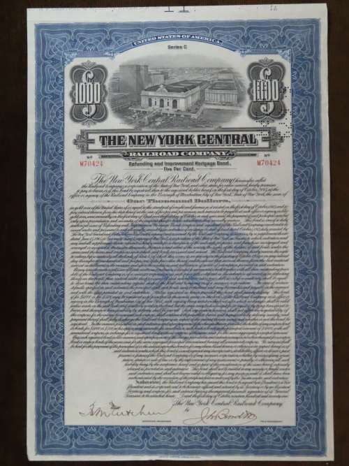 1921 New York Central Railroad Company, $1000 Bond Certificate M70424
