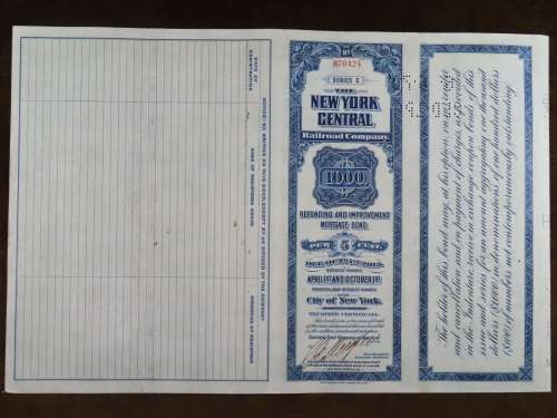 1921 New York Central Railroad Company, $1000 Bond Certificate M70424