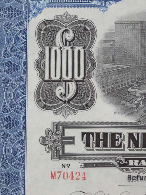 1921 New York Central Railroad Company, $1000 Bond Certificate M70424