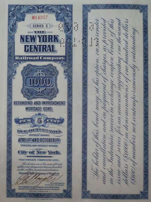 1921 New York Central Railroad Company, $1000 Bond Certificate M14357
