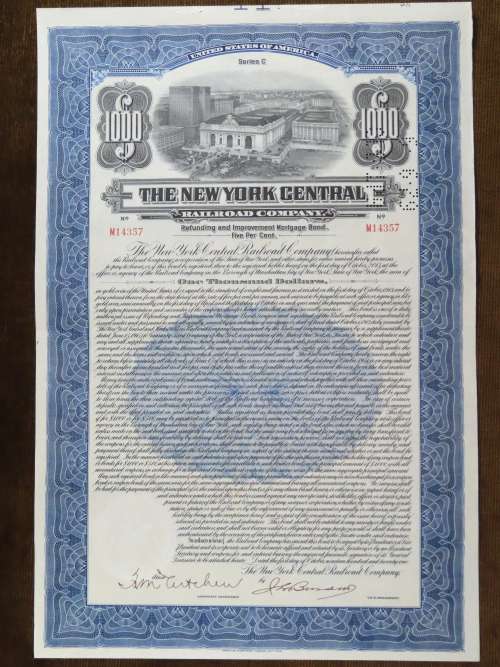 1921 New York Central Railroad Company, $1000 Bond Certificate M14357