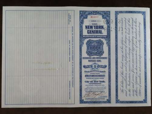 1921 New York Central Railroad Company, $1000 Bond Certificate M14357