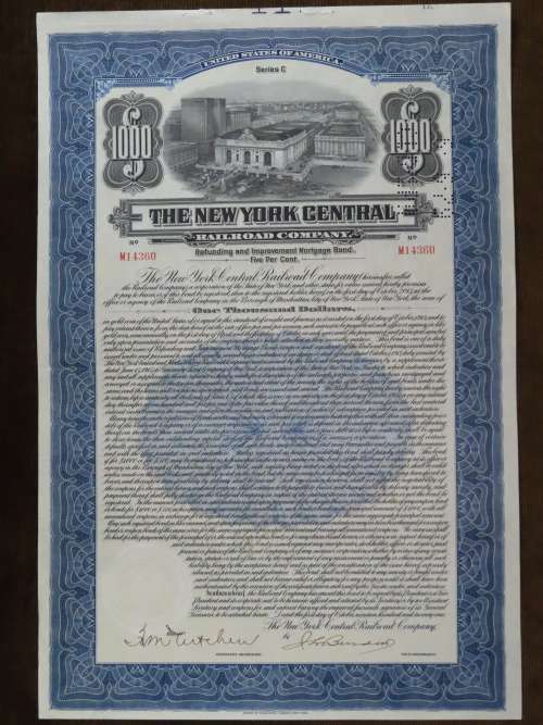 1921 New York Central Railroad Company, $1000 Bond Certificate M14360