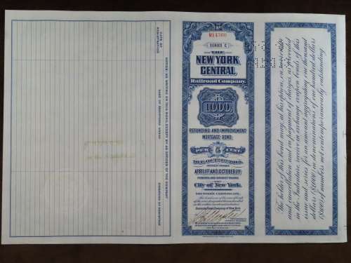 1921 New York Central Railroad Company, $1000 Bond Certificate M14360