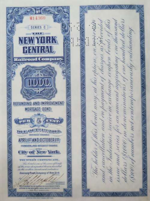 1921 New York Central Railroad Company, $1000 Bond Certificate M14360