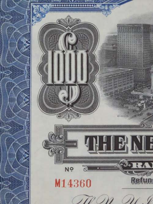 1921 New York Central Railroad Company, $1000 Bond Certificate M14360