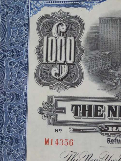 1921 New York Central Railroad Company, $1000 Bond Certificate M14356