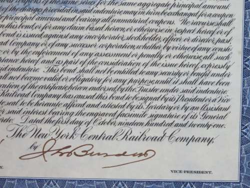 1921 New York Central Railroad Company, $1000 Bond Certificate M14356