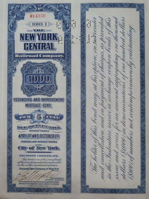 1921 New York Central Railroad Company, $1000 Bond Certificate M14356