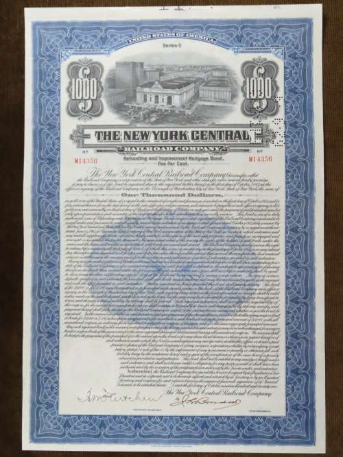 1921 New York Central Railroad Company, $1000 Bond Certificate M14356