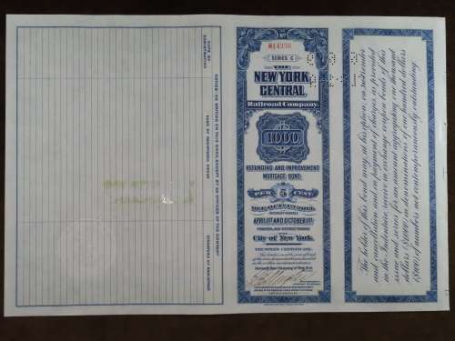 1921 New York Central Railroad Company, $1000 Bond Certificate M14356