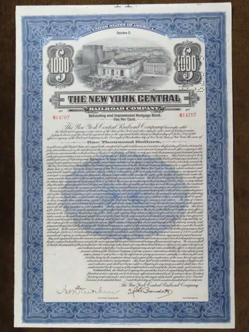 1921 New York Central Railroad Company, $1000 Bond Certificate M14707