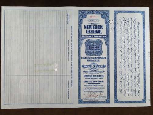 1921 New York Central Railroad Company, $1000 Bond Certificate M14707