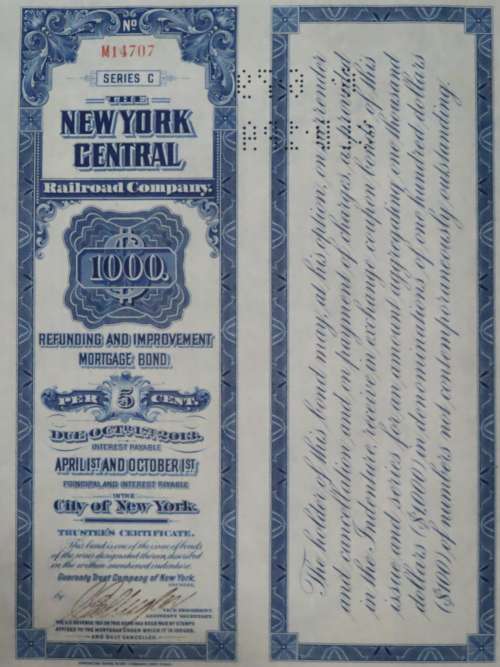 1921 New York Central Railroad Company, $1000 Bond Certificate M14707