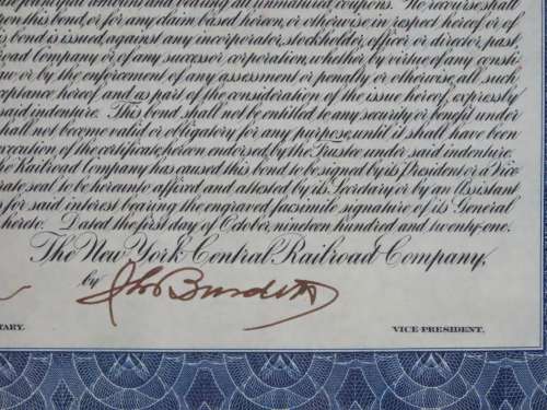 1921 New York Central Railroad Company, $1000 Bond Certificate M14707