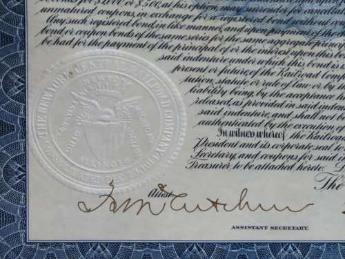1921 New York Central Railroad Company, $1000 Bond Certificate M14707