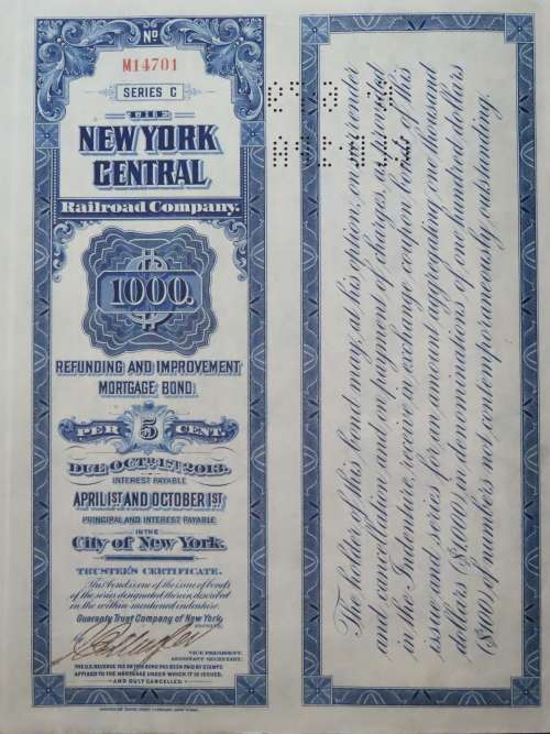 1921 New York Central Railroad Company, $1000 Bond Certificate M14701