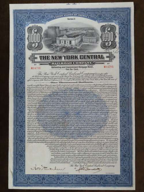 1921 New York Central Railroad Company, $1000 Bond Certificate M14701