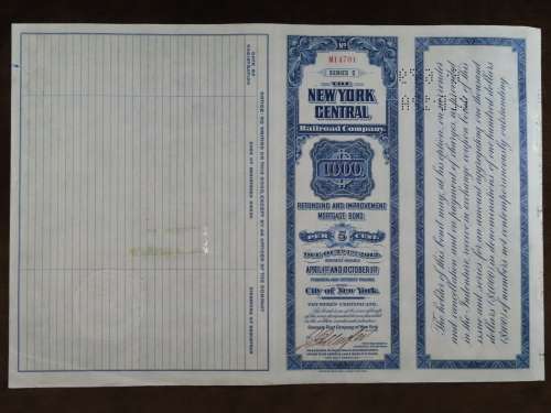 1921 New York Central Railroad Company, $1000 Bond Certificate M14701