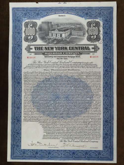 1921 New York Central Railroad Company, $1000 Bond Certificate M14618