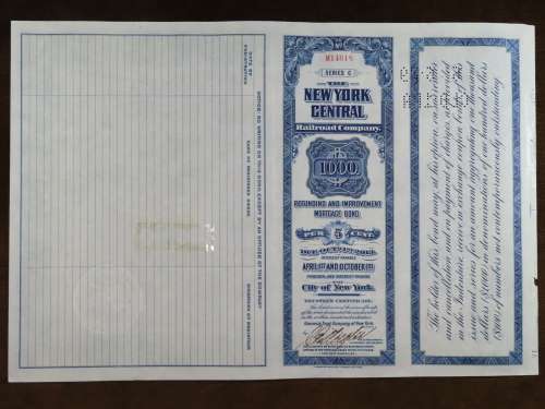 1921 New York Central Railroad Company, $1000 Bond Certificate M14618