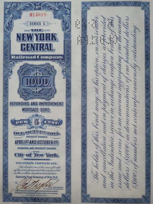 1921 New York Central Railroad Company, $1000 Bond Certificate M14618
