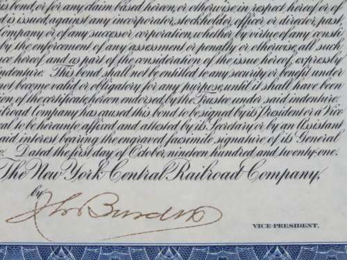 1921 New York Central Railroad Company, $1000 Bond Certificate M14618