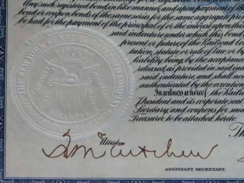 1921 New York Central Railroad Company, $1000 Bond Certificate M14619