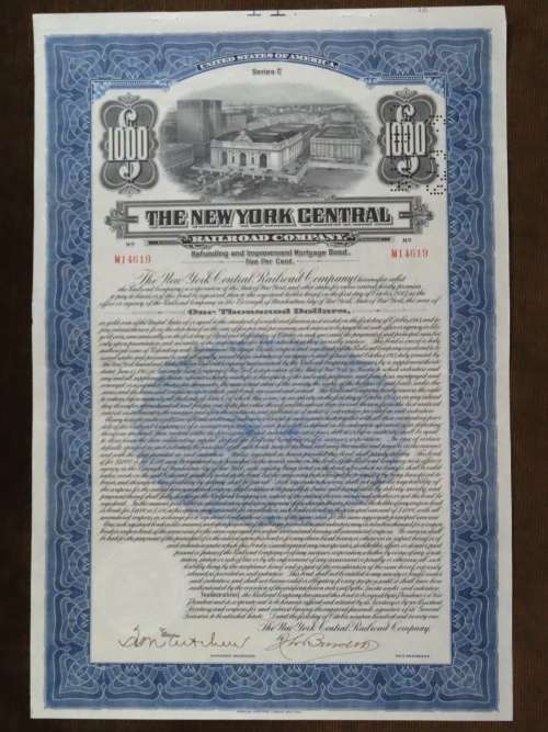 1921 New York Central Railroad Company, $1000 Bond Certificate M14619