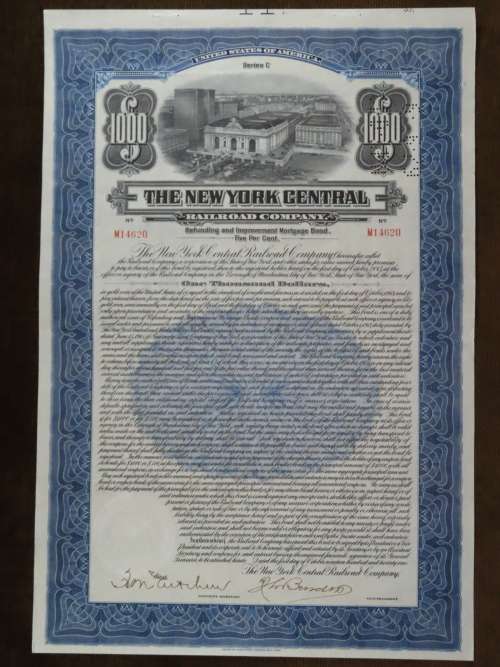 1921 New York Central Railroad Company, $1000 Bond Certificate M14620