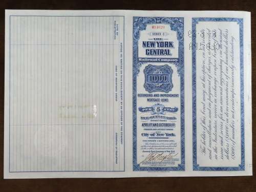 1921 New York Central Railroad Company, $1000 Bond Certificate M14620
