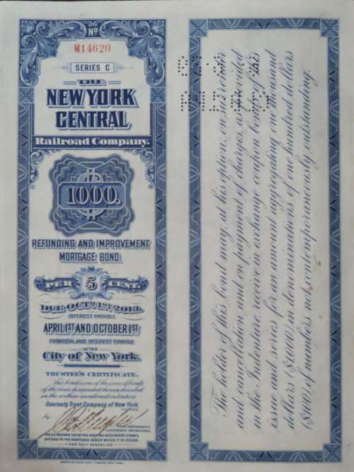 1921 New York Central Railroad Company, $1000 Bond Certificate M14620