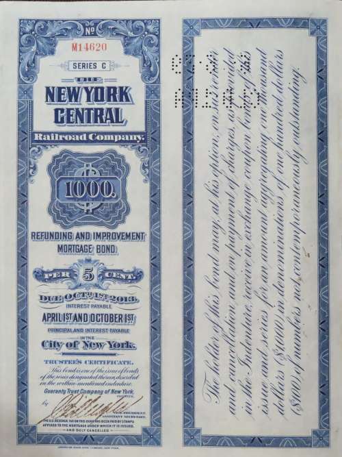 1921 New York Central Railroad Company, $1000 Bond Certificate M14620