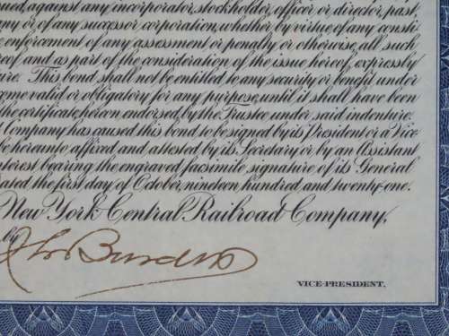 1921 New York Central Railroad Company, $1000 Bond Certificate M14620