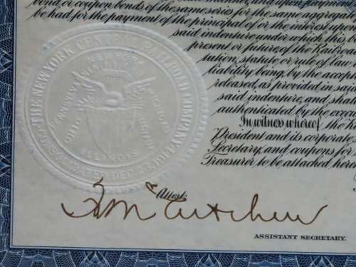 1921 New York Central Railroad Company, $1000 Bond Certificate M14620