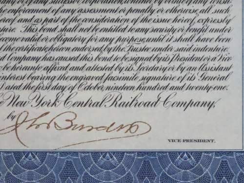 1921 New York Central Railroad Company, $1000 Bond Certificate M14621